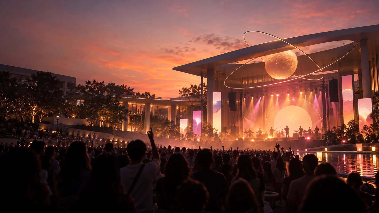 A university festival audience gathers for a warm, illuminated evening performance